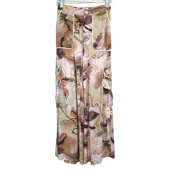 Anthropologie Women's Floral Wide-Leg Pants With Pockets & Lace-Up Detail Size 0 - Picture 1 of 9